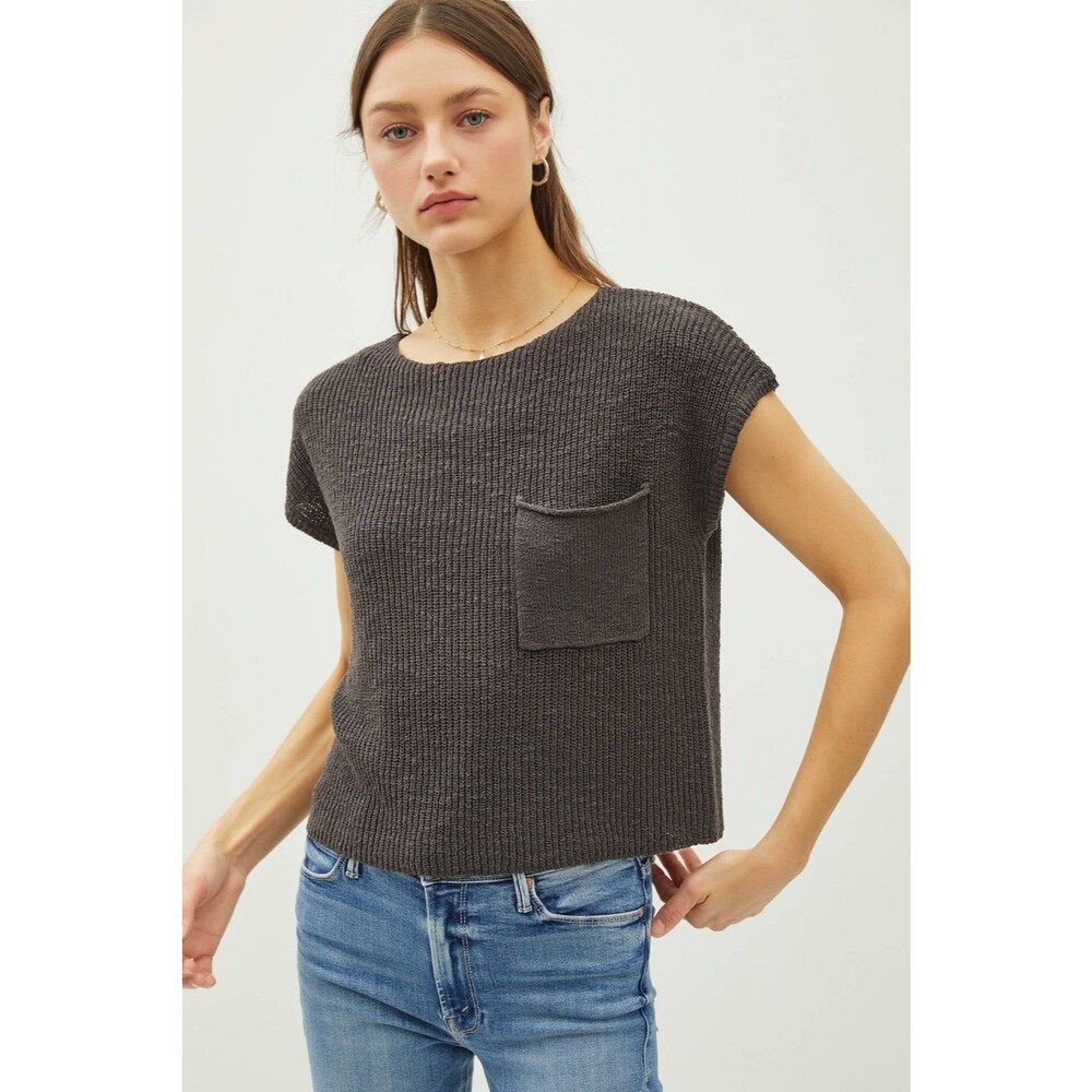 Lillusory Women's 100% Cotton Patch Pocket Boxy Knit Rib Stitch Sweater M
